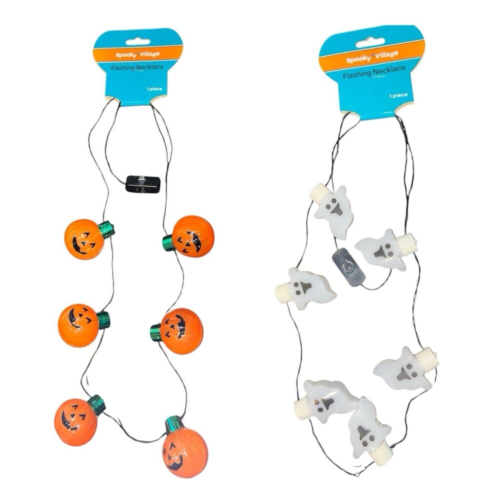 2x Spooky Village Light Up Jumbo Halloween Necklace Pumpkins And Ghost